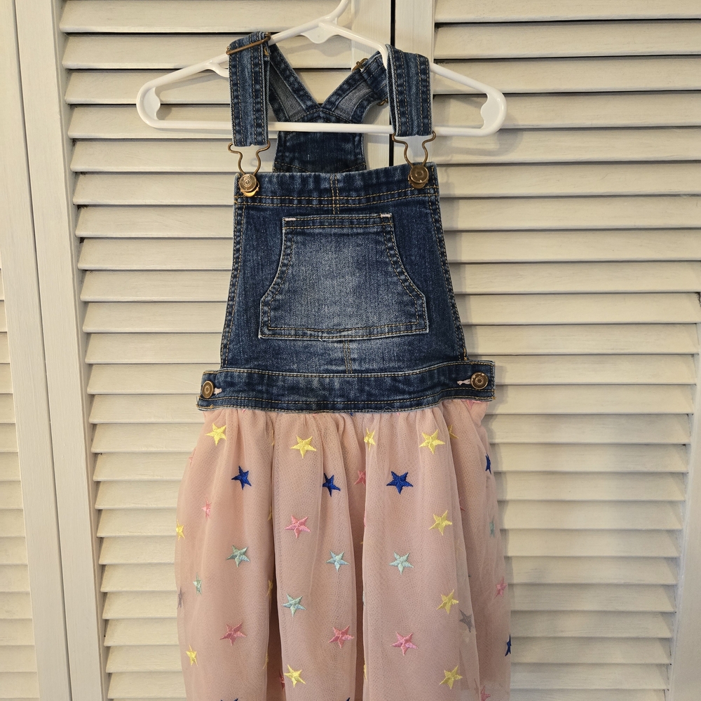 Denim Star Embroidered Tulle Skirt Overalls